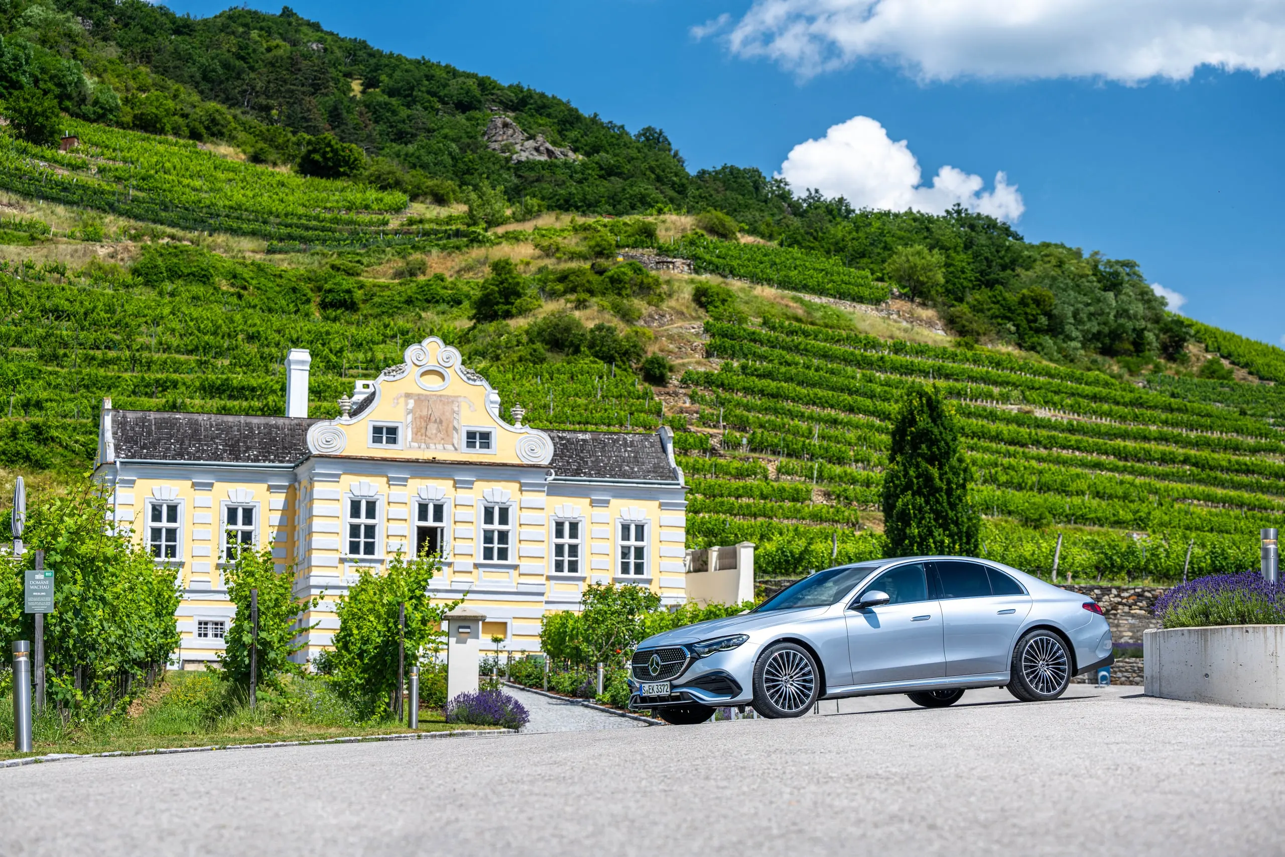E-Klasse vor einem Weingut