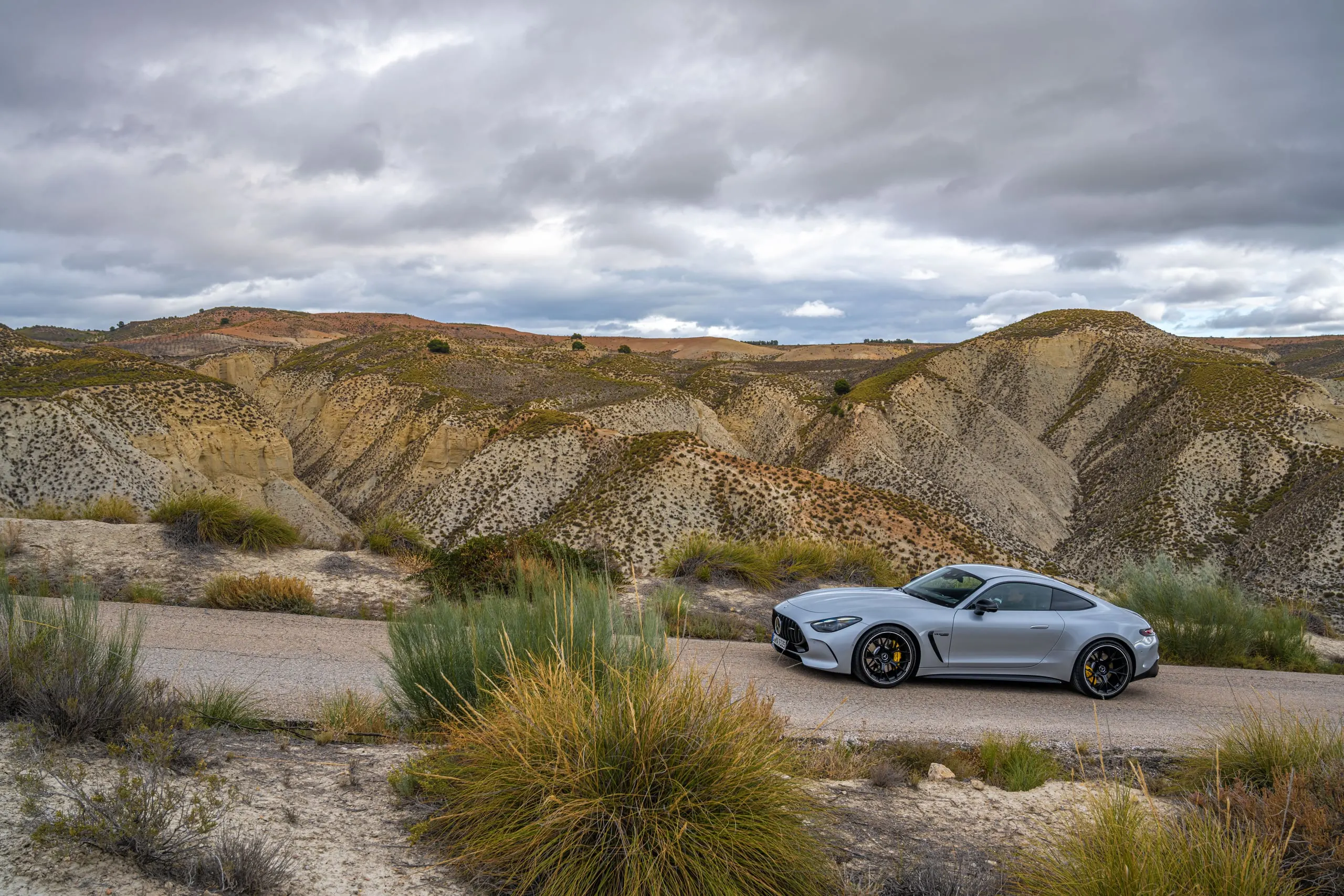 AMG GT in karger Hügellandschaft